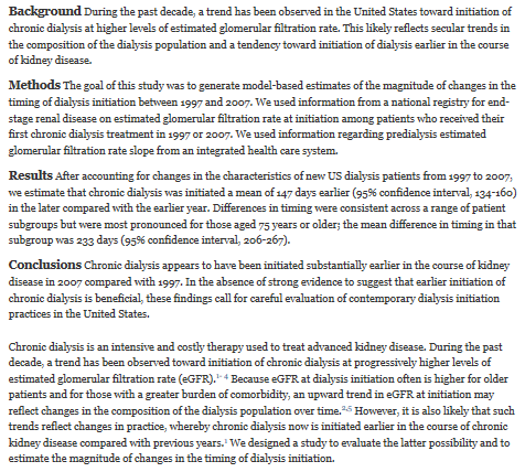 Trends in Timing of Initiation of Chronic Dialysis in the United States Ann M. O Hare, MD, MA; Andy I. Choi, MD, MS; W. John Boscardin, PhD; Walter L. Clinton, PhD; Ilan Zawadzki, MD; Paul L.