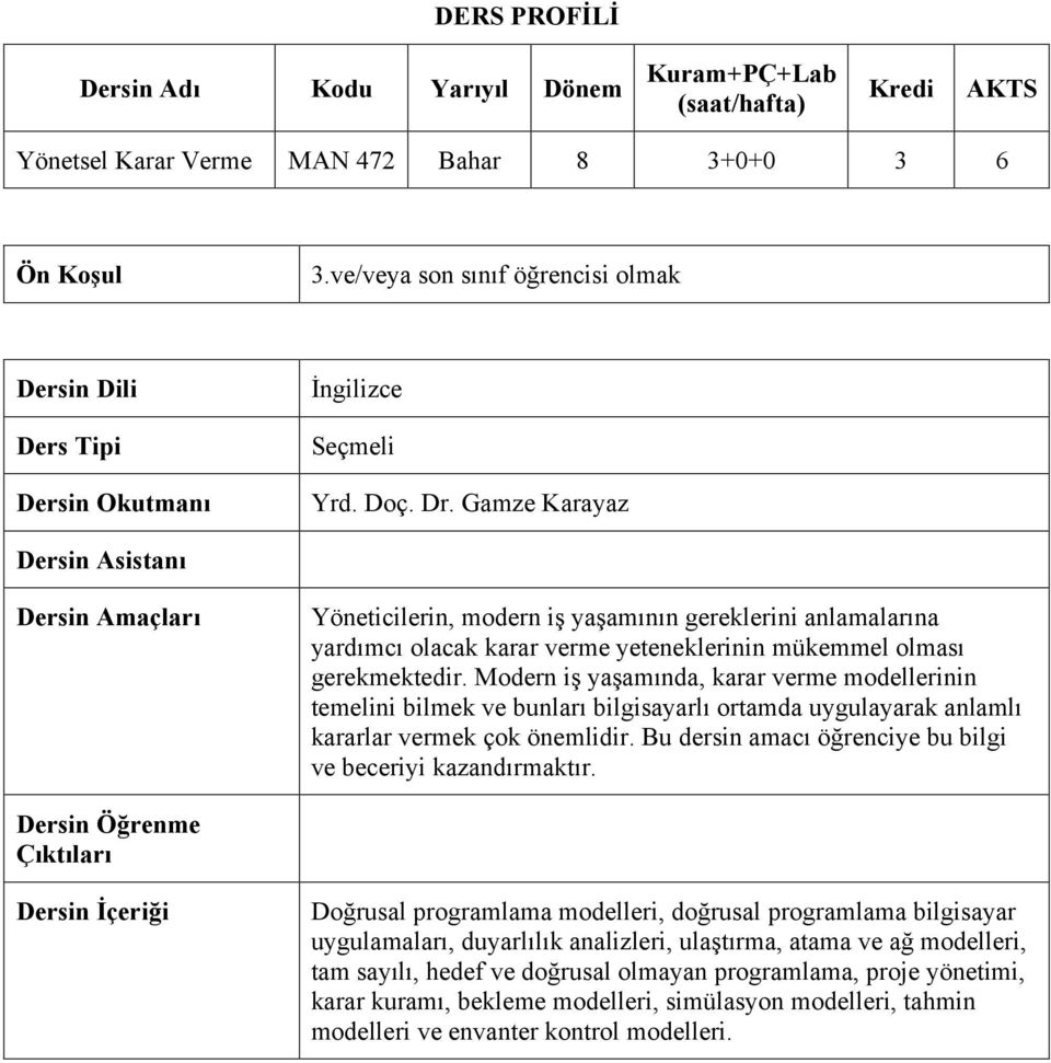 Gamze Karayaz Dersin Asistanı Dersin Amaçları Yöneticilerin, modern iş yaşamının gereklerini anlamalarına yardımcı olacak karar verme yeteneklerinin mükemmel olması gerekmektedir.