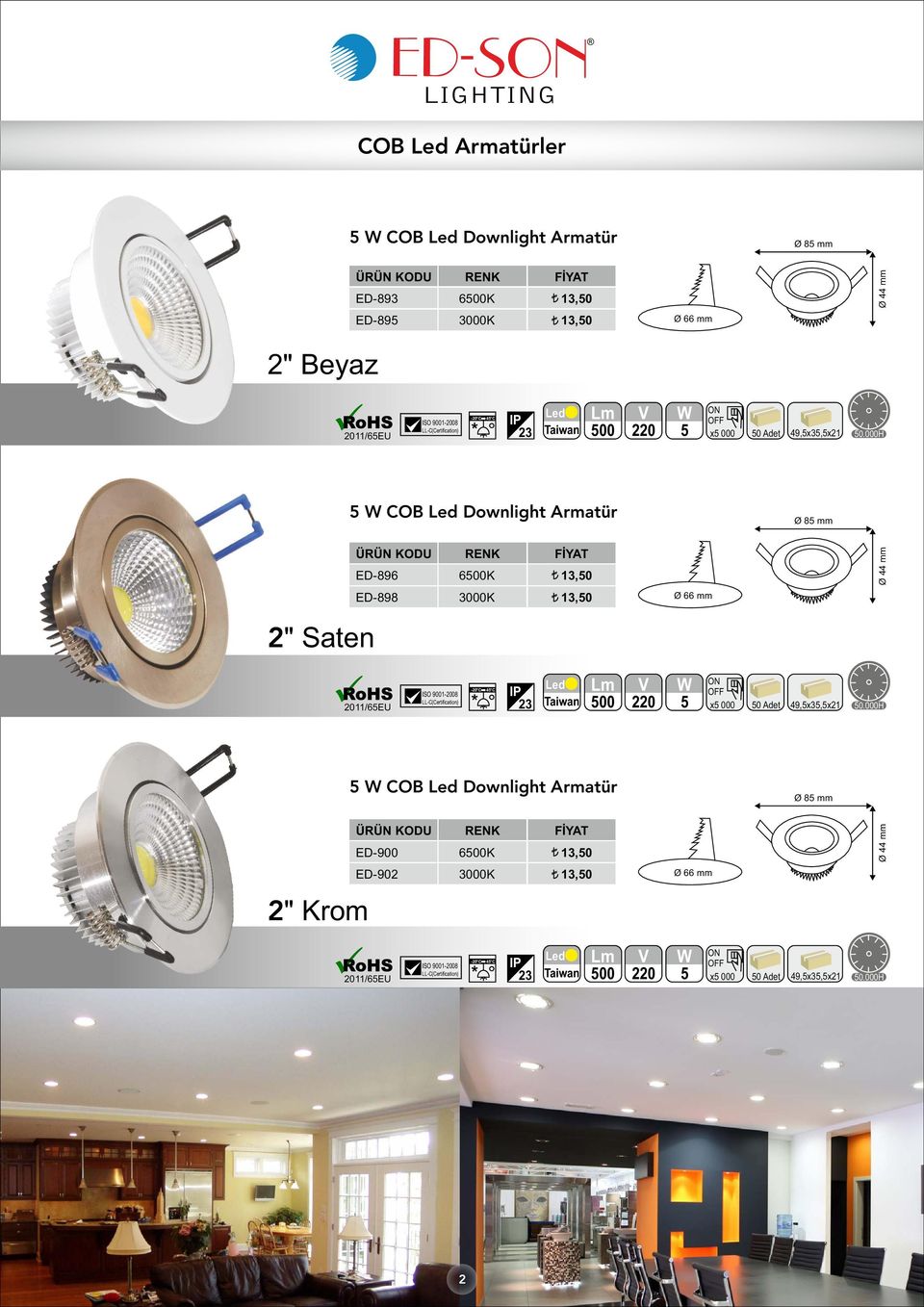 44 mm ED-898 13,50 Ø 66 mm 2" Saten 500 5 x5 000 50 Adet 49,5x35,5x21 5 COB Downlight Armatür