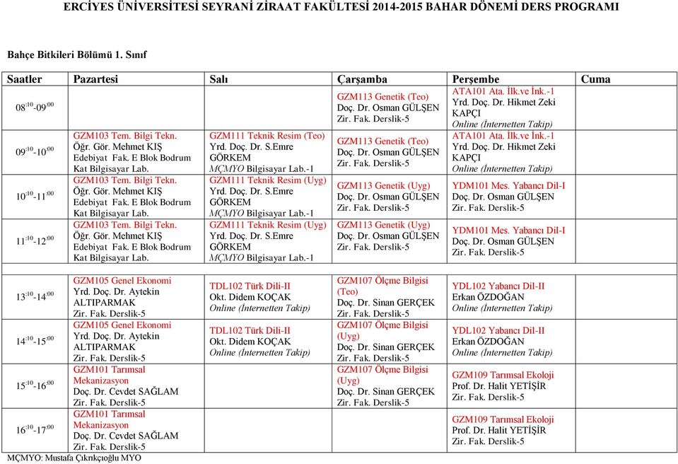 -1 GZM111 Teknik Resim Yrd. Doç. Dr. S.Emre MÇMYO Bilgisayar Lab.-1 GZM111 Teknik Resim Yrd. Doç. Dr. S.Emre MÇMYO Bilgisayar Lab.-1 GZM113 Genetik Doç. Dr. Osman GÜLŞEN GZM113 Genetik Doç. Dr. Osman GÜLŞEN GZM113 Genetik Doç. Dr. Osman GÜLŞEN ATA101 Ata.