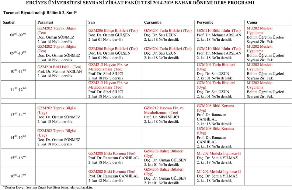 ve 11 :10-12 :00 Metabolizması GZM204 Tarla Bitkileri GZM204 Tarla Bitkileri GZM210 Bitki Islahı GZM210 Bitki Islahı GZM204 Tarla Bitkileri 2. kat 01 No'lu derslik GZM204 Tarla Bitkileri 2.