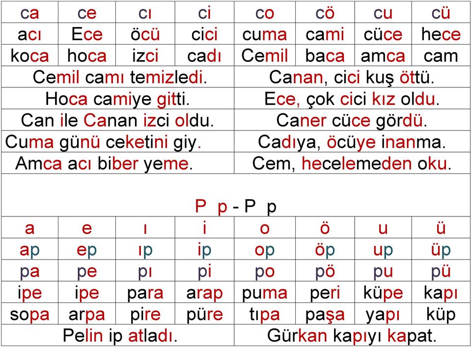 Cuma günü ceketini giy. Cadıya, öcüye inanma. Amca acı biber yeme. Cem, hecelemeden oku.