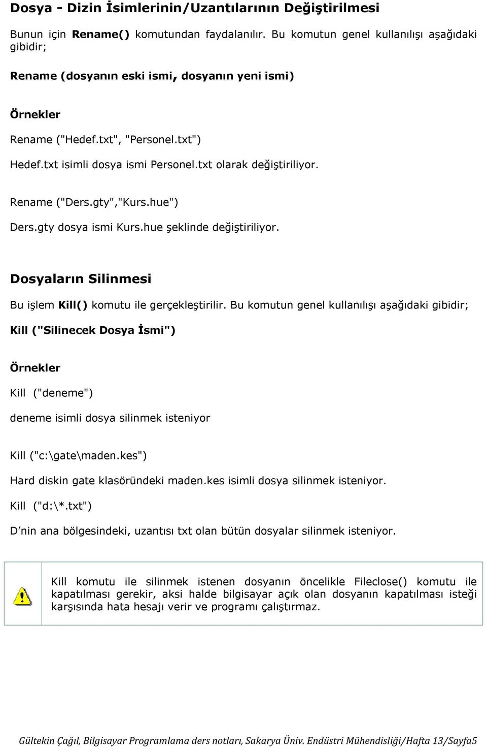 Rename ("Ders.gty","Kurs.hue") Ders.gty dosya ismi Kurs.hue şeklinde değiştiriliyor. Dosyaların Silinmesi Bu işlem Kill() komutu ile gerçekleştirilir.