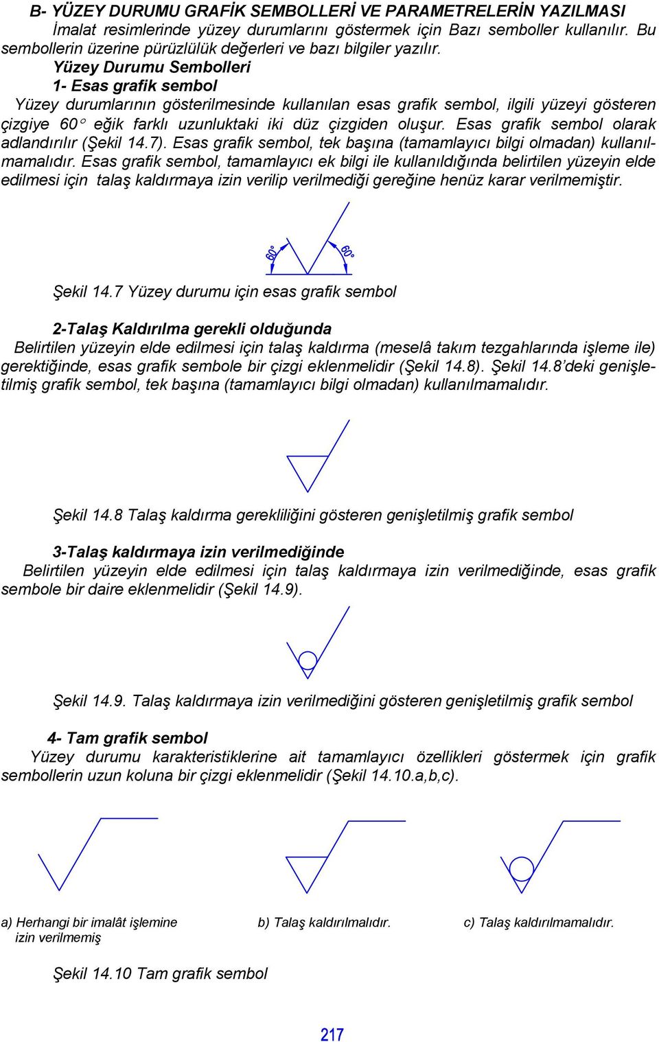 Yüzey Durumu Sembolleri 1- Esas grafik sembol Yüzey durumlarının gösterilmesinde kullanılan esas grafik sembol, ilgili yüzeyi gösteren çizgiye 60 eğik farklı uzunluktaki iki düz çizgiden oluşur.