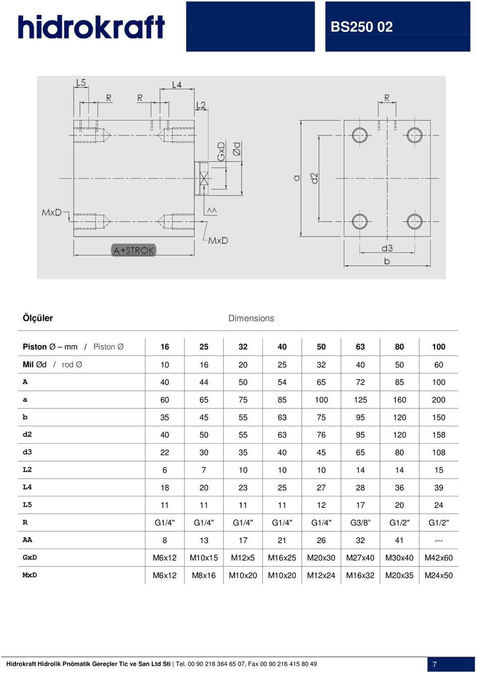 M8x16 M10x20 M10x20 M12x24 M16x32 M20x35 M24x50 Hidrokraft Hidrolik Pnömatik