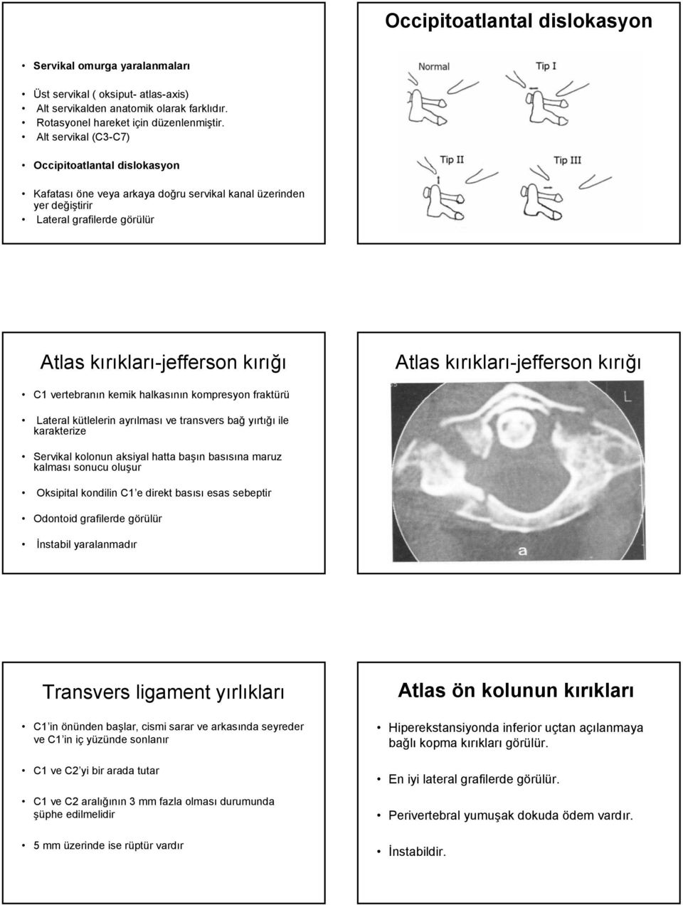 kırıkları-jefferson kırığı C1 vertebranın kemik halkasının kompresyon fraktürü Lateral kütlelerin ayrılması ve transvers bağ yırtığı ile karakterize Servikal kolonun aksiyal hatta başın basısına