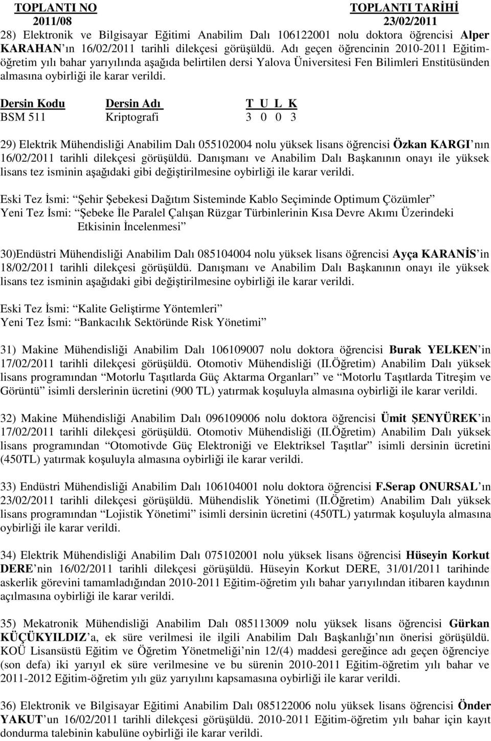 Mühendisliği Anabilim Dalı 055102004 nolu yüksek lisans öğrencisi Özkan KARGI nın 16/02/2011 tarihli dilekçesi görüşüldü.
