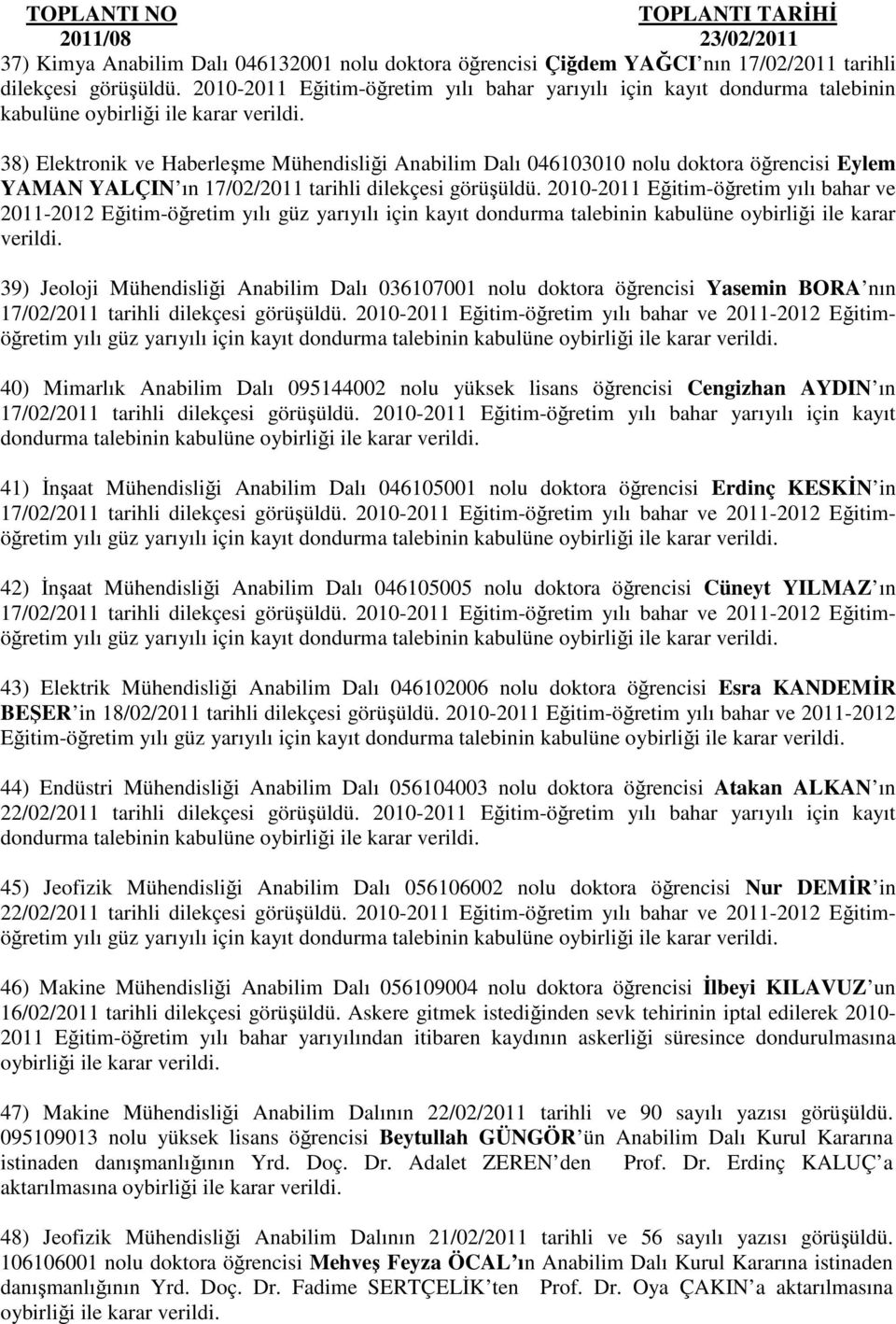 17/02/2011 tarihli dilekçesi görüşüldü. 2010-2011 Eğitim-öğretim yılı bahar ve 2011-2012 Eğitim-öğretim yılı güz yarıyılı için kayıt dondurma talebinin kabulüne oybirliği ile karar verildi.