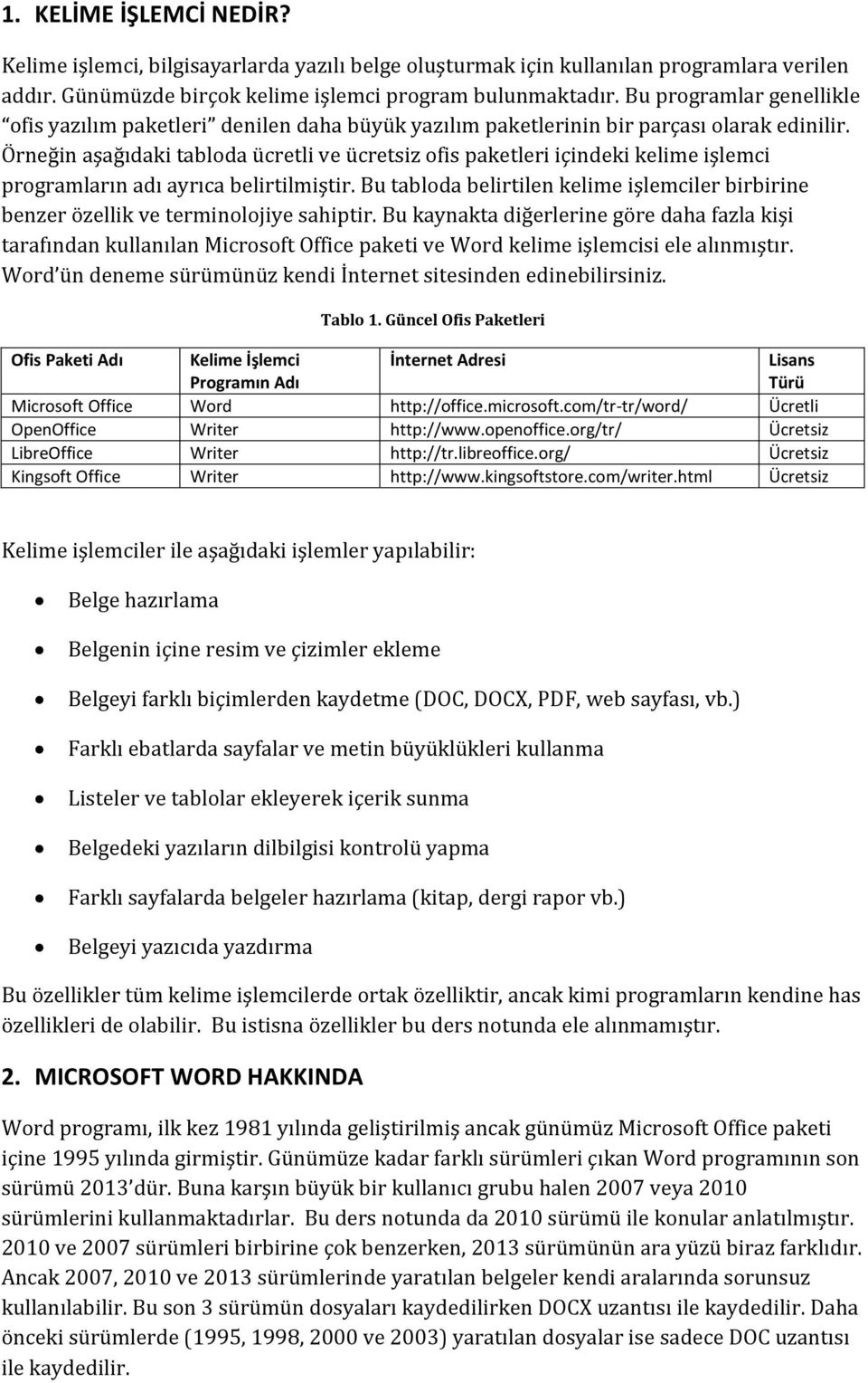 Örneğin aşağıdaki tablöda ücretli ve ücretsiz öfis paketleri içindeki kelime işlemci prögramların adı ayrıca belirtilmiştir.