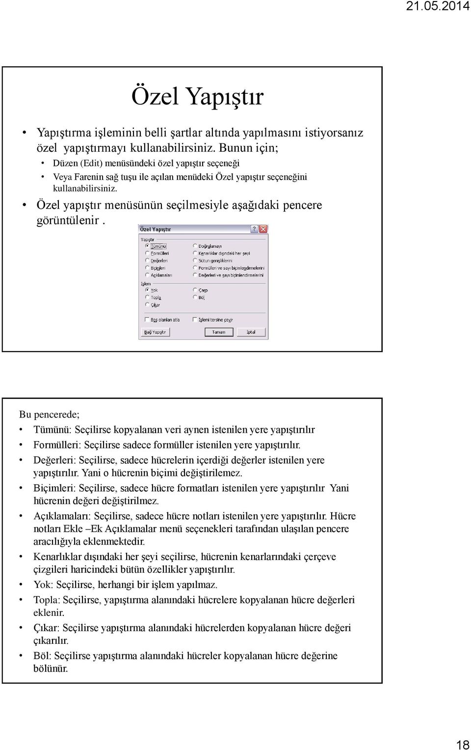 Özel yapıştır menüsünün seçilmesiyle aşağıdaki pencere görüntülenir.