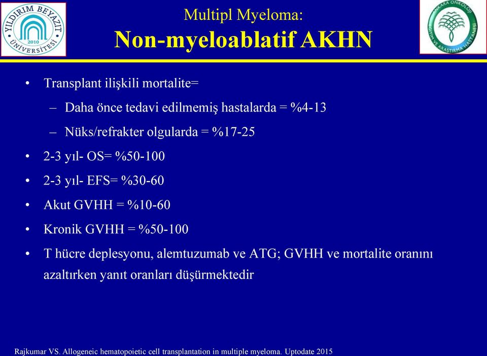 Kronik GVHH = %50-100 T hücre deplesyonu, alemtuzumab ve ATG; GVHH ve mortalite oranını azaltırken yanıt