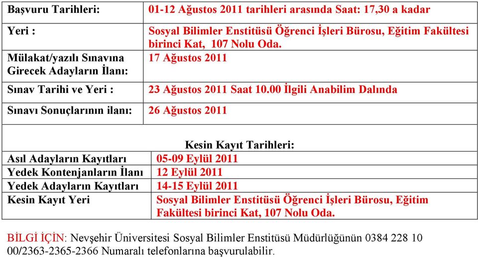 00 İlgili Anabilim Dalında Kesin Kayıt Tarihleri: Asıl Adayların Kayıtları 05-09 Eylül 2011 Yedek Kntenjanların İlanı 12 Eylül 2011 Yedek Adayların Kayıtları 14-15 Eylül 2011 Kesin Kayıt