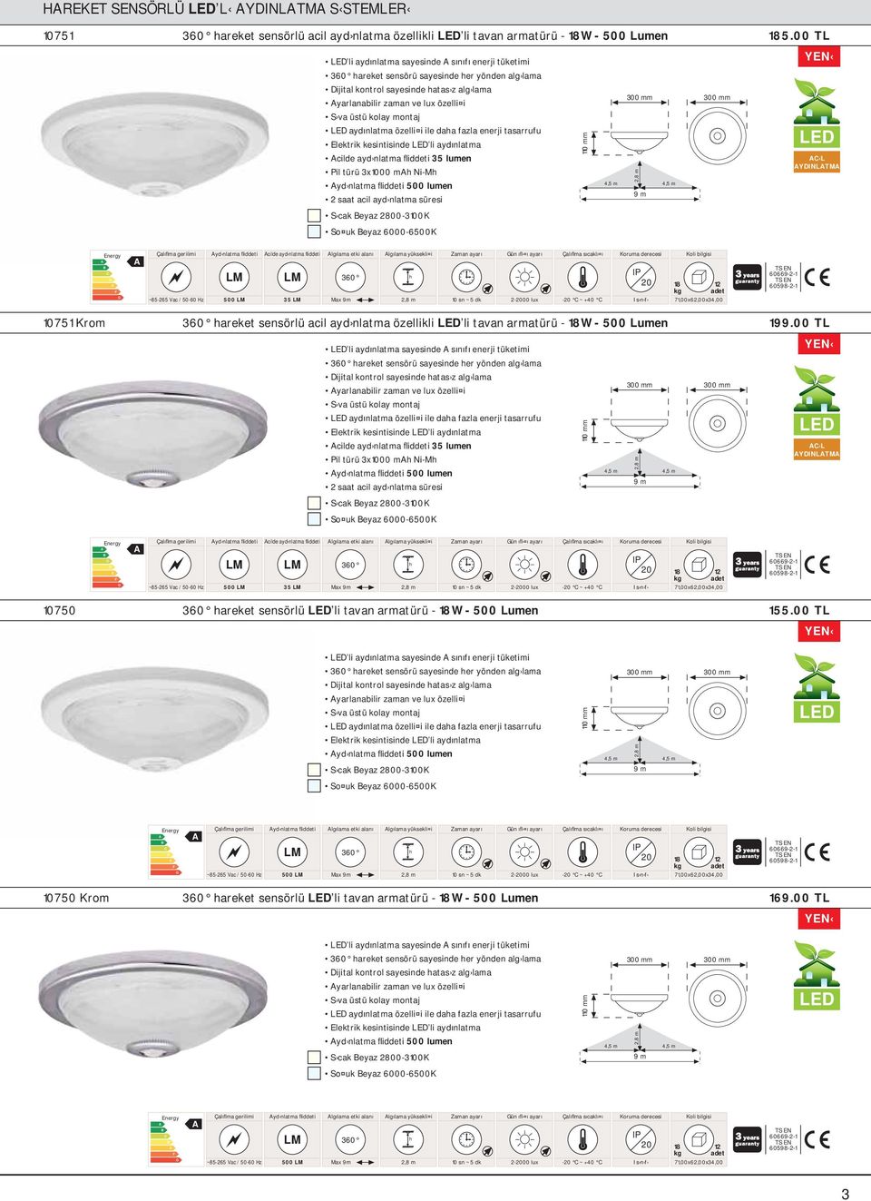 ile daa fazla enerji tasarrufu lektrik kesintisinde L li aydınlatma cilde ayd nlatma fliddeti 35 lumen Pil türü 3x00 m NiM yd nlatma fliddeti 500 lumen saat acil ayd nlatma süresi 1 mm, m L L YINLTM