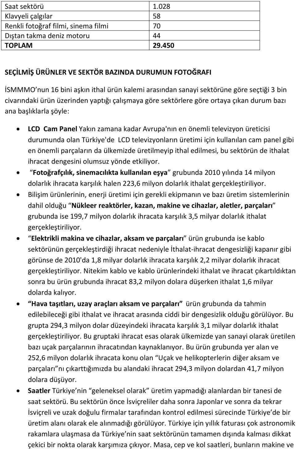 sektörlere göre ortaya çıkan durum bazı ana başlıklarla şöyle: LCD Cam Panel Yakın zamana kadar Avrupa'nın en önemli televizyon üreticisi durumunda olan Türkiye'de LCD televizyonların üretimi için