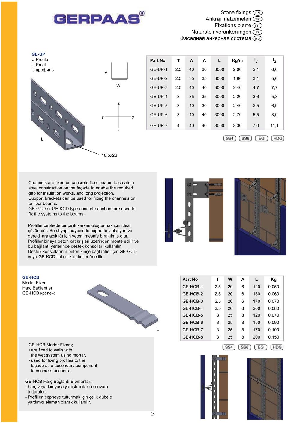 Support brackets can be used for fixing the channels on to floor beams. GE-GC or GE-KC type concrete anchors are used to fix the systems to the beams.