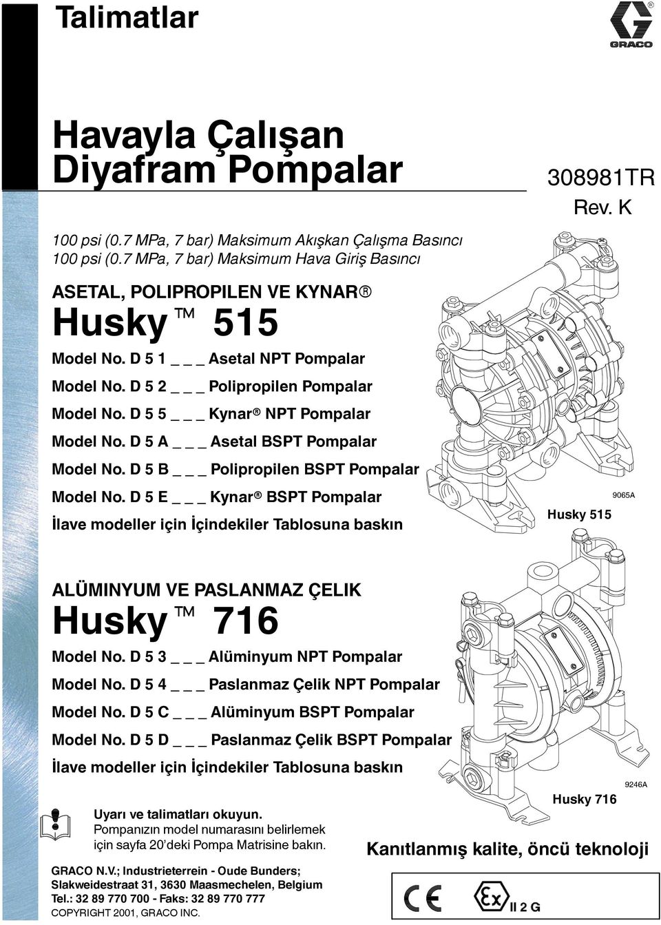 5A AsetalBSPTPompalar ModelNo.5B PolipropilenBSPTPompalar ModelNo.5E Kynarr BSPT Pompalar İlave modeller için İçindekiler Tablosuna baskın 308981TR Rev.