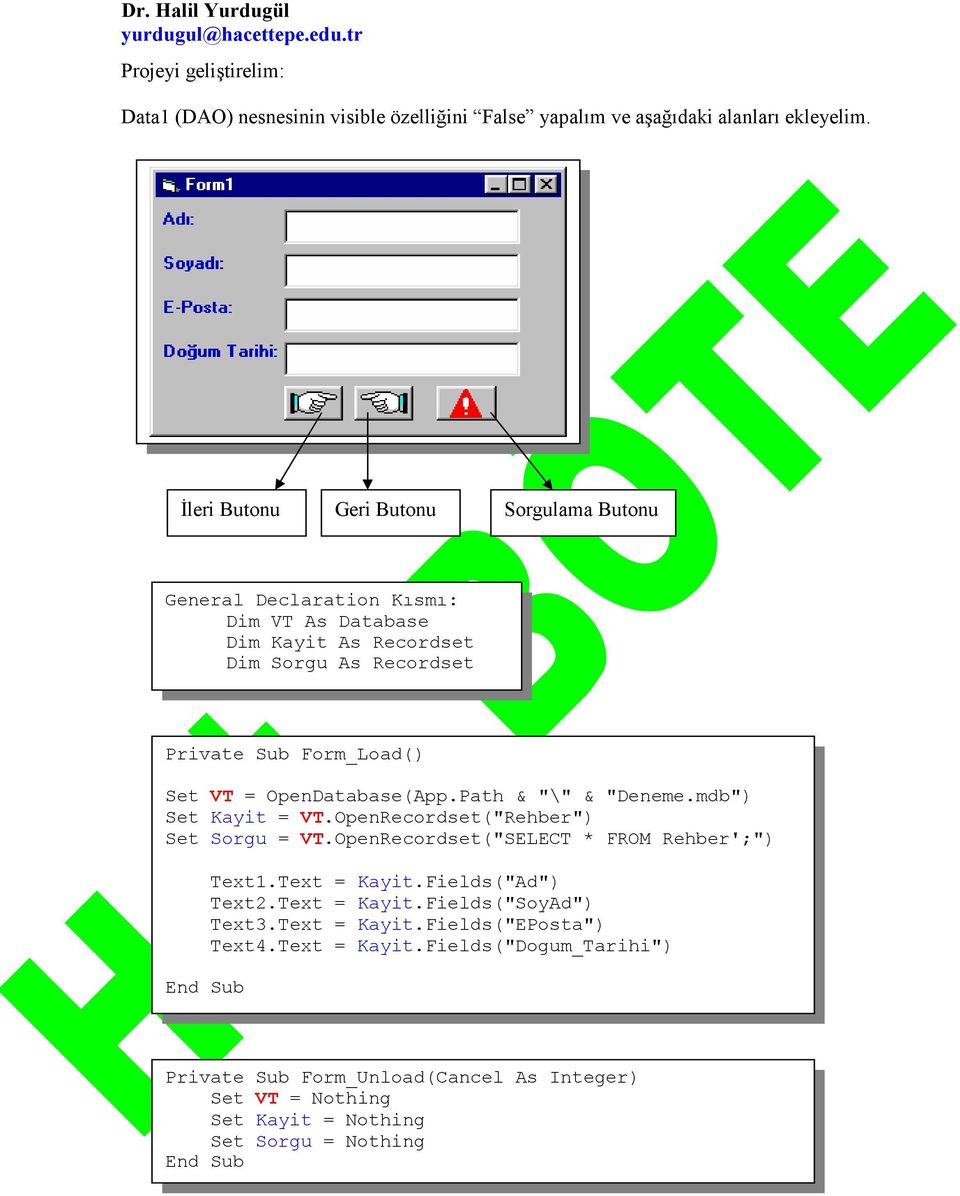 OpenDatabase(App.Path & "\" & "Deneme.mdb") Set Kayit = VT.OpenRecordset("Rehber") Set Sorgu = VT.OpenRecordset("SELECT * FROM Rehber';") End Sub Text1.Text = Kayit.