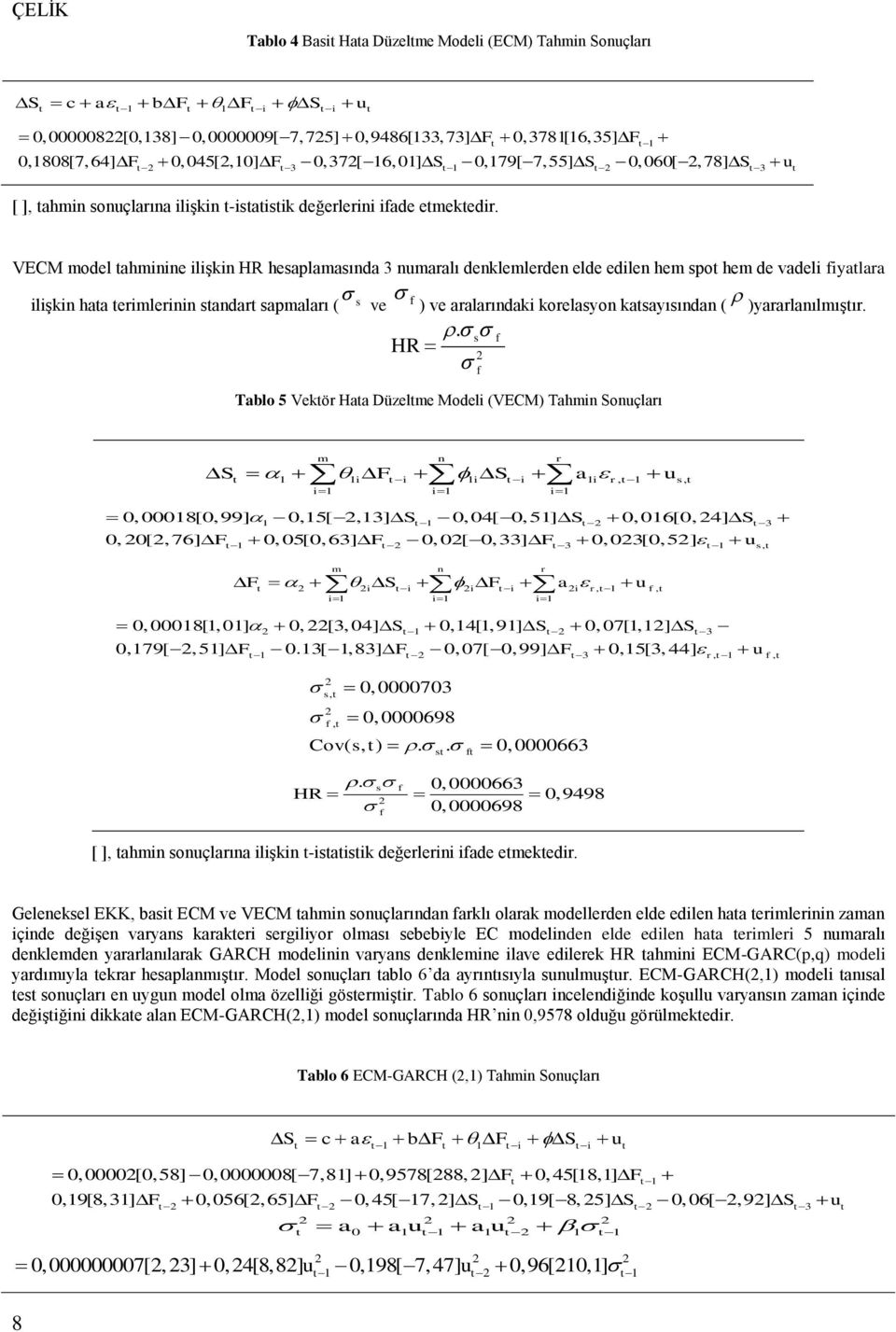 VECM model ahminine ilişkin HR hesaplamasında 3 numaralı denklemlerden elde edilen hem spo hem de vadeli fiyalara ilişkin haa erimlerinin sandar sapmaları ( s ve f ) ve aralarındaki korelasyon
