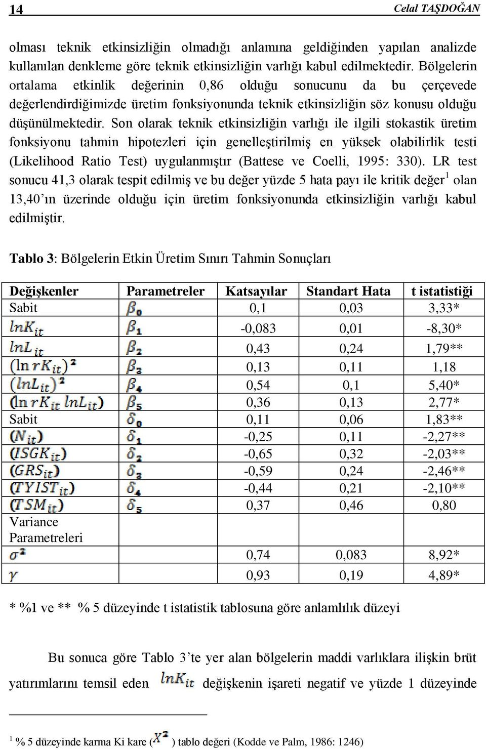 Son olarak teknik etkinsizliğin varlığı ile ilgili stokastik üretim fonksiyonu tahmin hipotezleri için genelleştirilmiş en yüksek olabilirlik testi (Likelihood Ratio Test) uygulanmıştır (Battese ve