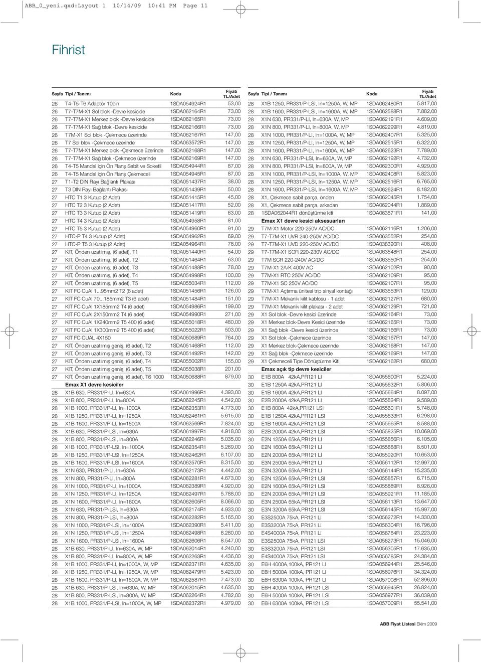 09,00 2 T7-T7M-X Sağ blok -Devre kesicide SDA02R 7,00 28 XN 800, PR/P-LI, In=800A, W, MP SDA02299R 4.89,00 2 T7M-X Sol blok -Çekmece üzerinde SDA027R 47,00 28 XN 00, PR/P-LI, In=00A, W, MP SDA02407R.