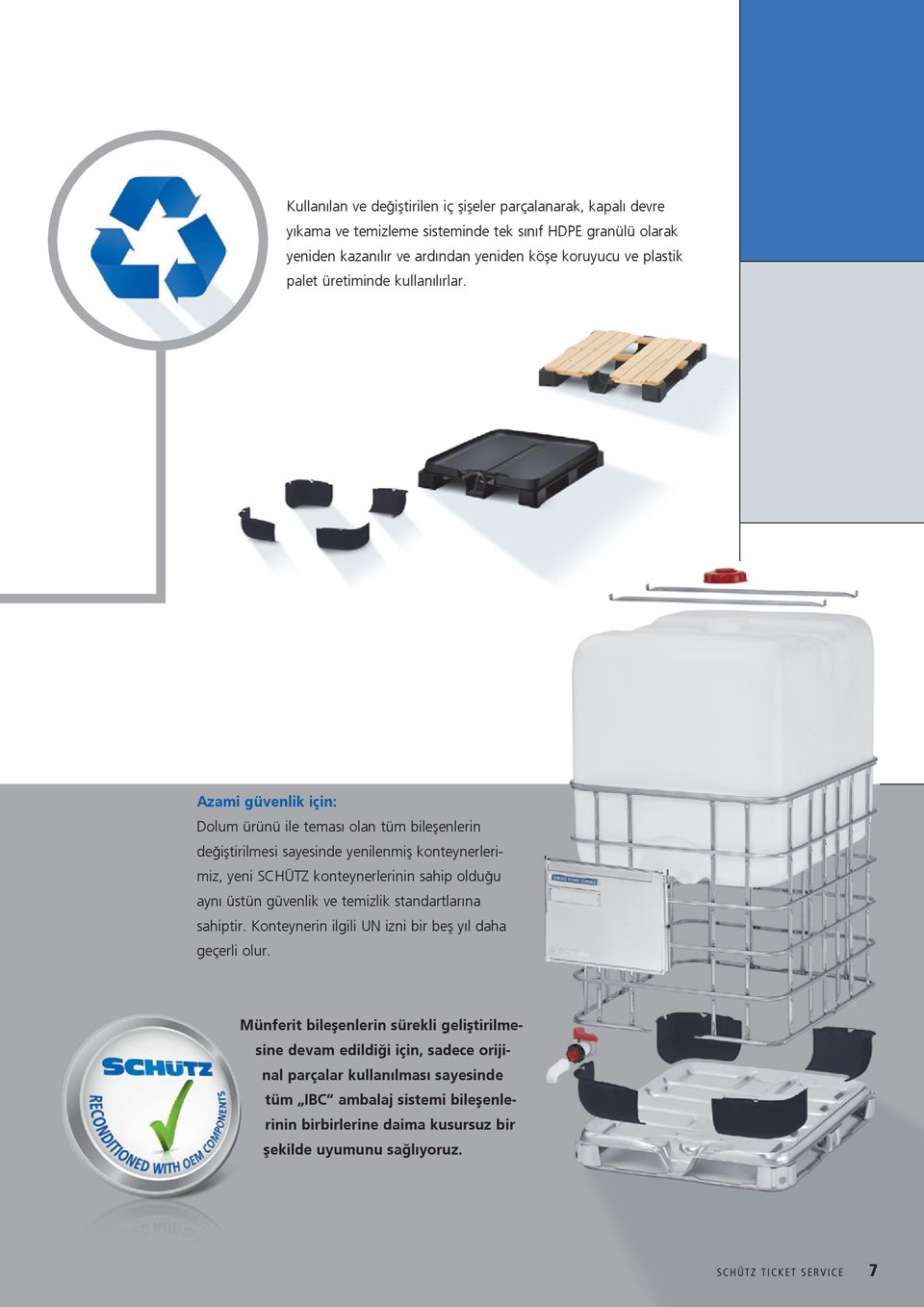 Azami güvenlik için: Dolum ürünü ile teması olan tüm bileşenlerin değiştirilmesi sayesinde yenilenmiş konteynerlerimiz, yeni SCHÜTZ konteynerlerinin sahip olduğu aynı üstün güvenlik
