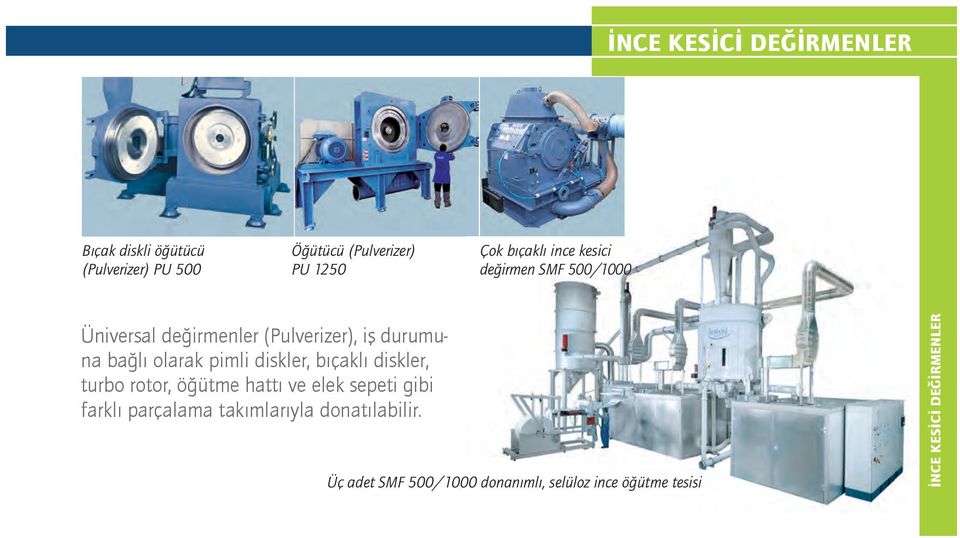 olarak pimli diskler, bıçaklı diskler, turbo rotor, öğütme hattı ve elek sepeti gibi farklı parçalama