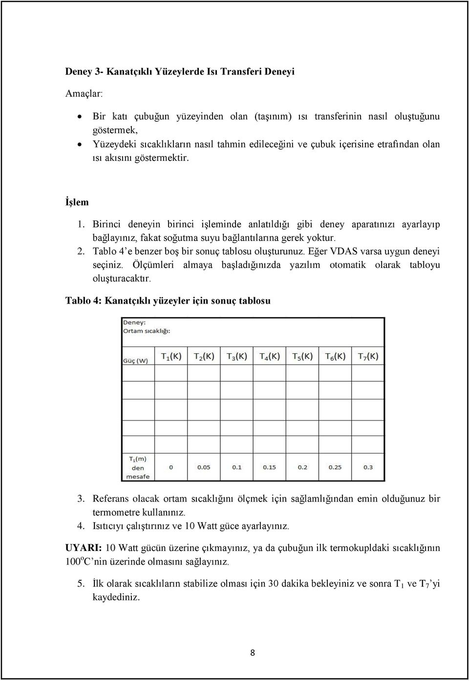 Birinci deneyin birinci işleminde anlatıldığı gibi deney aparatınızı ayarlayıp bağlayınız, fakat soğutma suyu bağlantılarına gerek yoktur. 2. Tablo 4 e benzer boş bir sonuç tablosu oluşturunuz.