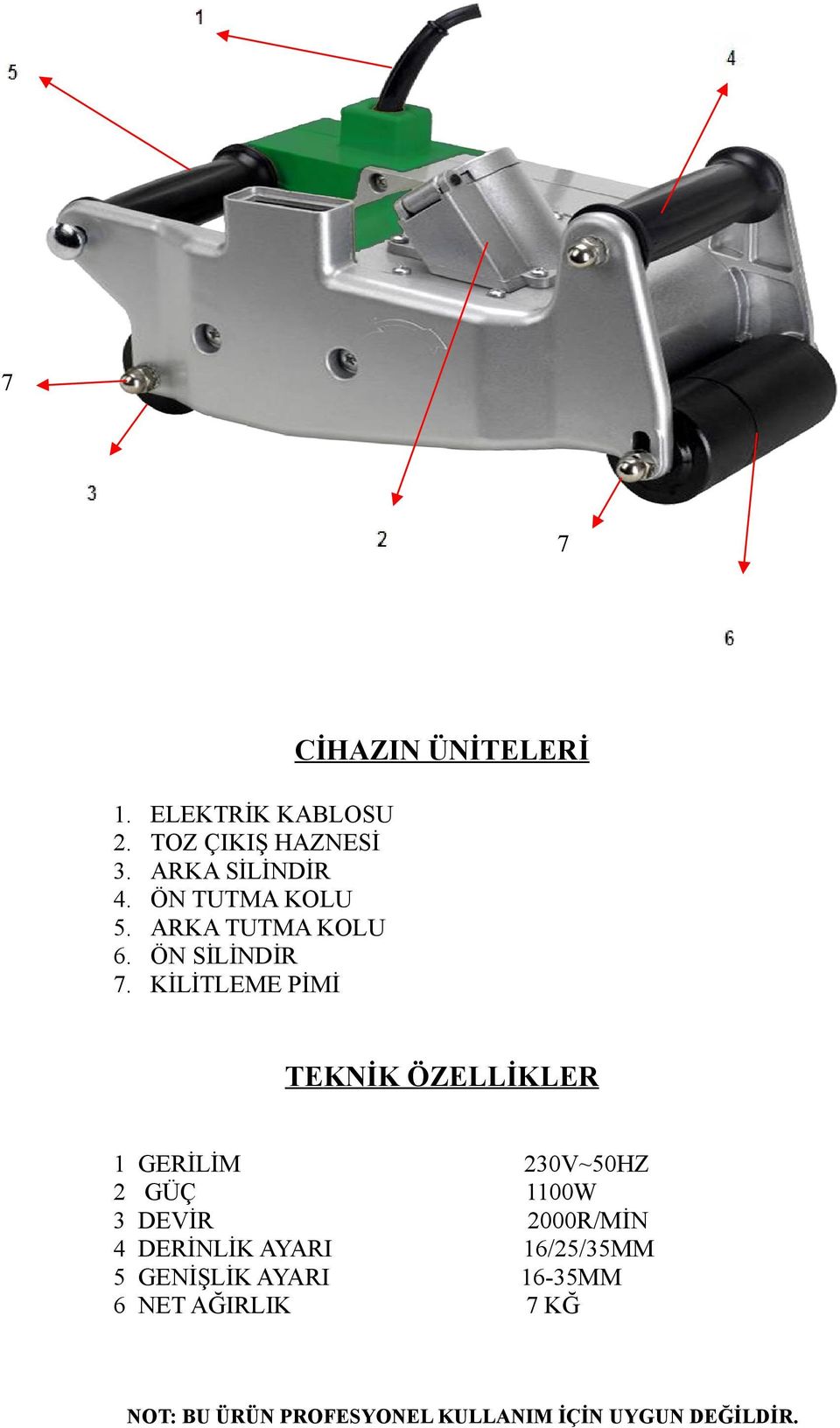 KİLİTLEME PİMİ CİHAZIN ÜNİTELERİ TEKNİK ÖZELLİKLER 1 GERİLİM 230V~50HZ 2 GÜÇ 1100W 3