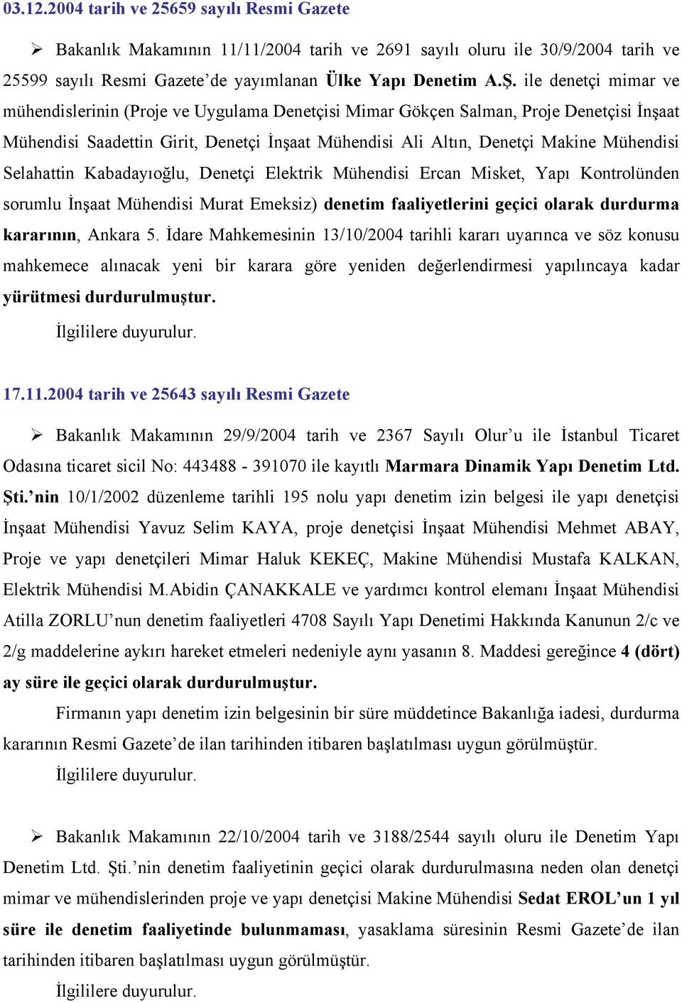 Selahattin Kabadayıoğlu, Denetçi Elektrik Mühendisi Ercan Misket, Yapı Kontrolünden sorumlu İnşaat Mühendisi Murat Emeksiz) denetim faaliyetlerini geçici olarak durdurma kararının, Ankara 5.