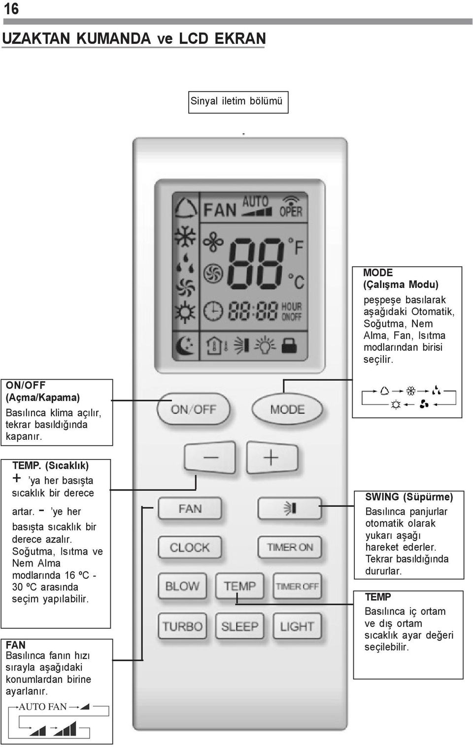 - ye her basýþta sýcaklýk bir derece azalýr. Soðutma, Isýtma ve Nem Alma modlarýnda 16 ºC - 30 ºC arasýnda seçim yapýlabilir.