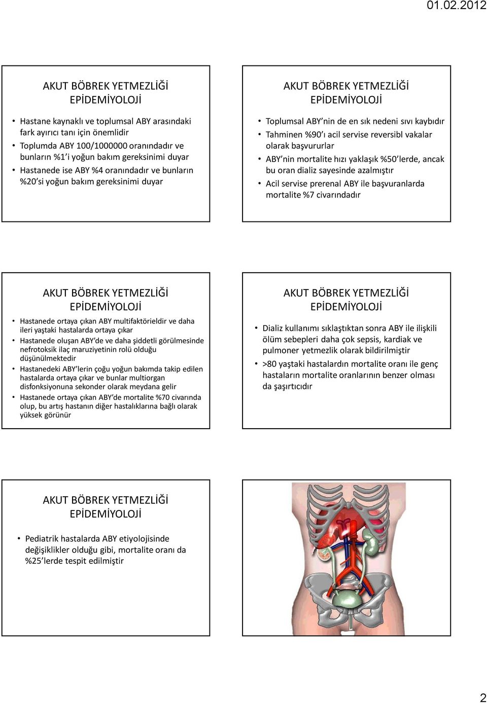 mortalite hızı yaklaşık %50 lerde, ancak bu oran dializ sayesinde azalmıştır Acil servise prerenal ABY ile başvuranlarda mortalite %7 civarındadır EPİDEMİYOLOJİ Hastanede ortaya çıkan ABY