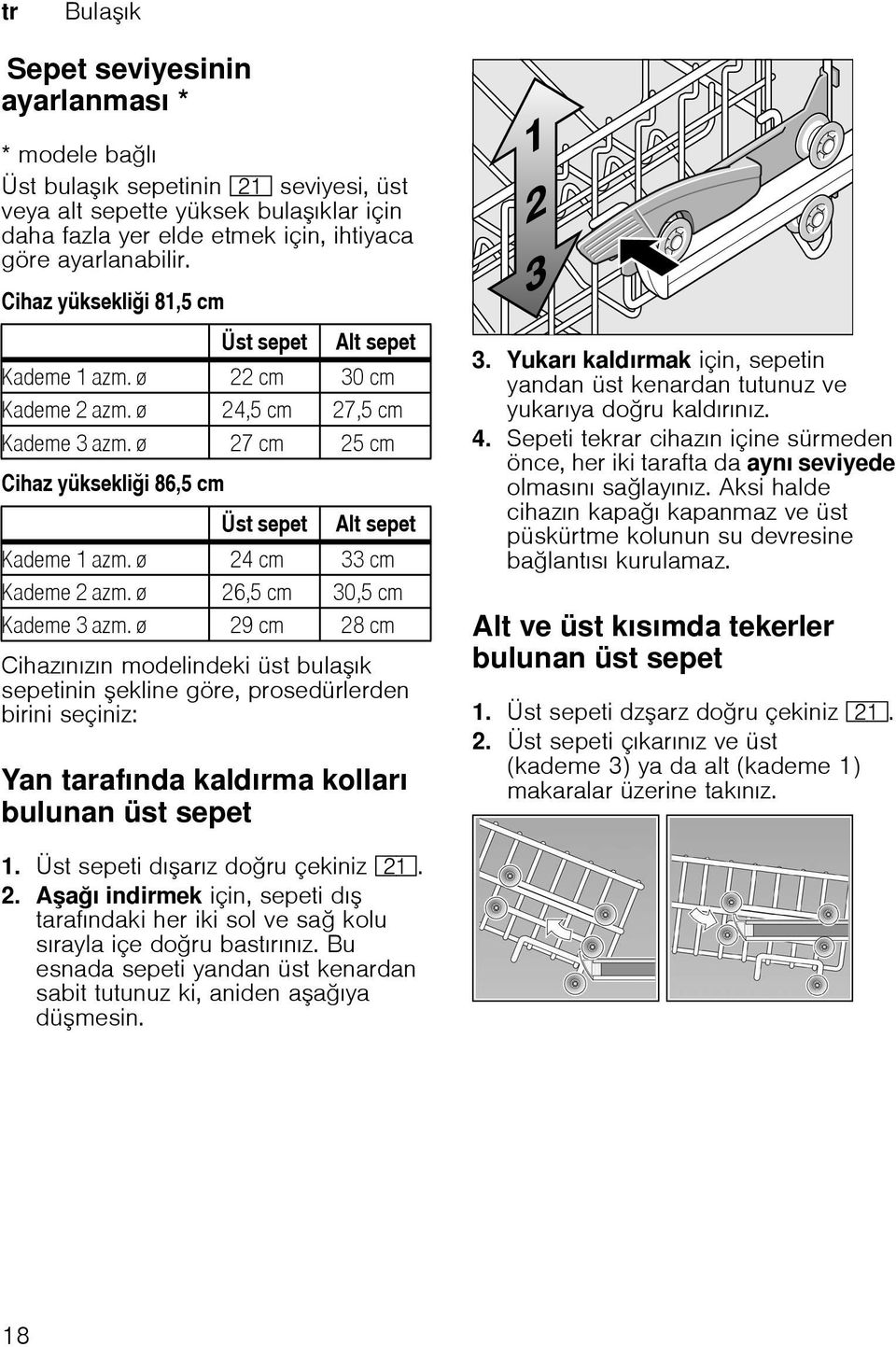 ø 27 cm 25 cm Üst sepet Alt sepet Kademe 1 azm. ø 24 cm 33 cm Kademe 2 azm. ø 26,5 cm 30,5 cm Kademe 3 azm.