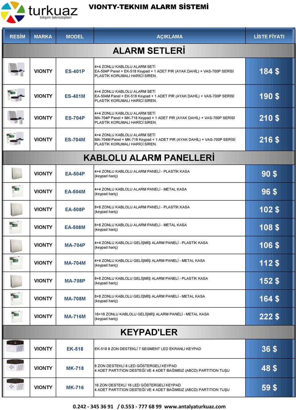 190 $ 4+4 ZONLU KABLOLU ALARM SETĠ MA-704P Panel + MK-718 Keypad + 1 ADET PIR (AYAK DAHĠL) + VAS-700P SERĠSĠ PLASTĠK KORUMALI HARĠCĠ SĠREN.