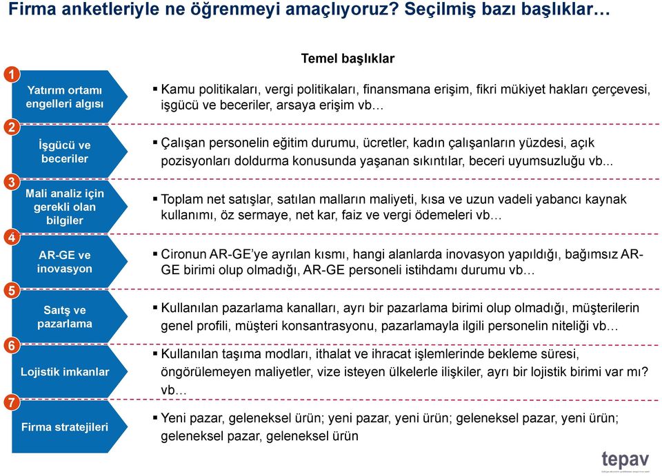 stratejileri Temel başlıklar Kamu politikaları, vergi politikaları, finansmana erişim, fikri mükiyet hakları çerçevesi, işgücü ve beceriler, arsaya erişim vb Çalışan personelin eğitim durumu,