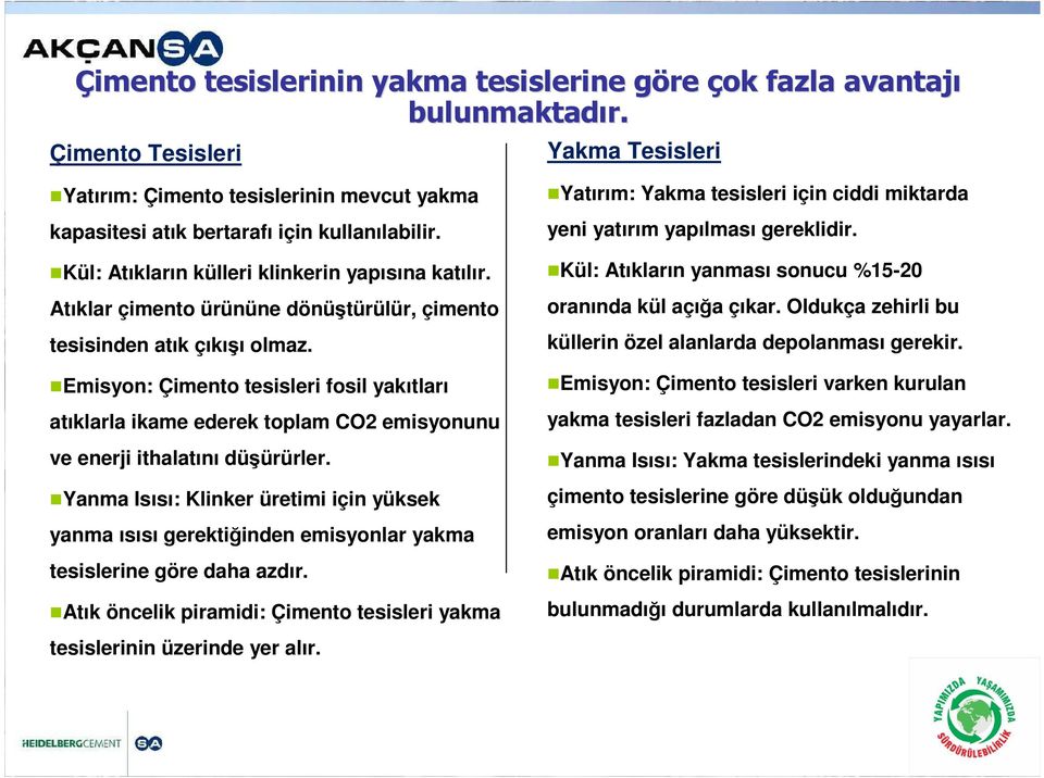 Atıklar çimento ürününe dönüştürülür, çimento tesisinden atık çıkışı olmaz. Emisyon: Çimento tesisleri fosil yakıtları atıklarla ikame ederek toplam CO2 emisyonunu ve enerji ithalatını düşürürler.