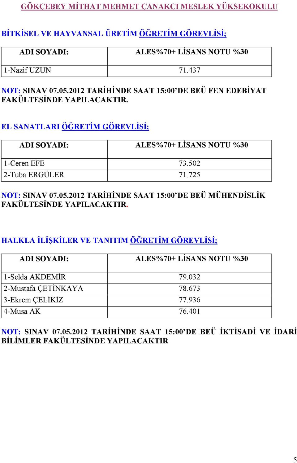 725 NOT: SINAV 07.05.2012 TARİHİNDE SAAT 15:00 DE BEÜ MÜHENDİSLİK FAKÜLTESİNDE YAPILACAKTIR.