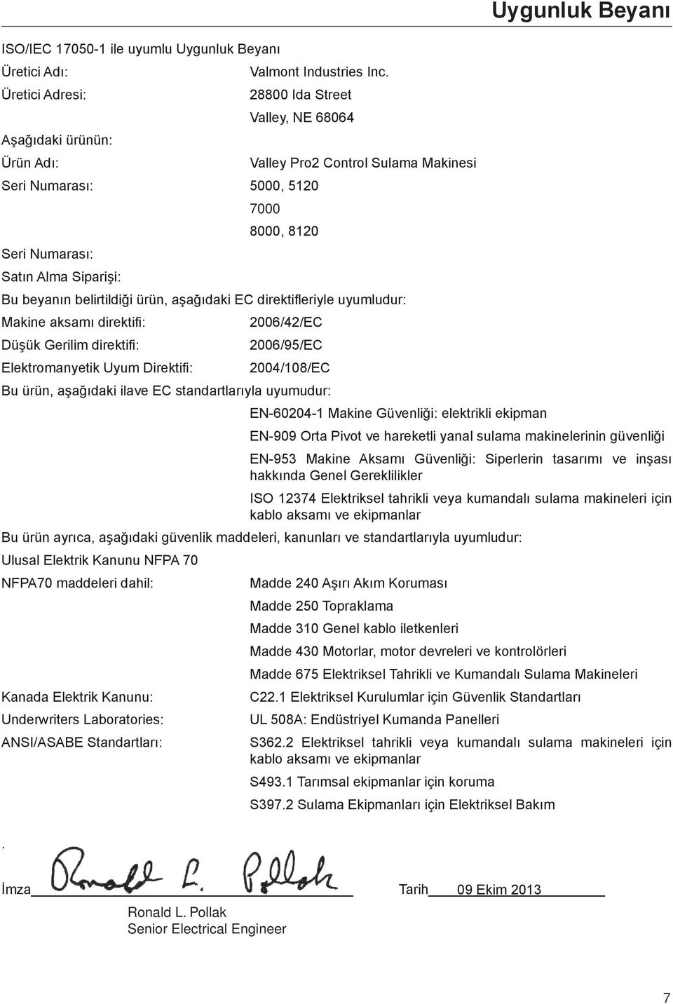 aşağıdaki EC direktifleriyle uyumludur: Makine aksamı direktifi: 2006/42/EC Düşük Gerilim direktifi: 2006/95/EC Elektromanyetik Uyum Direktifi: 2004/108/EC Bu ürün, aşağıdaki ilave EC standartlarıyla