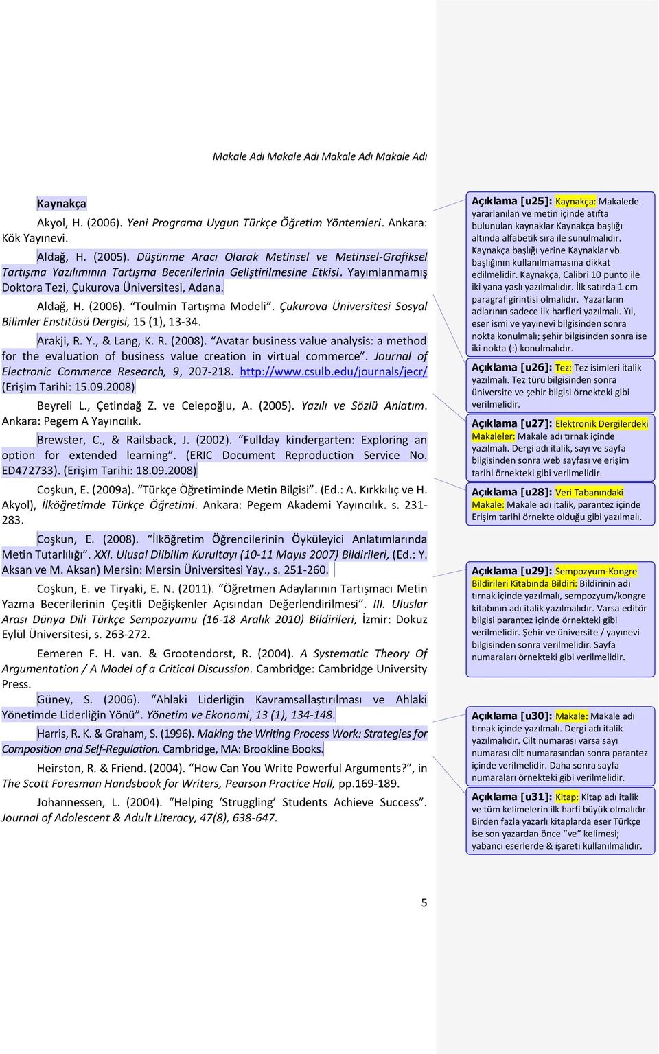 Toulmin Tartışma Modeli. Çukurova Üniversitesi Sosyal Bilimler Enstitüsü Dergisi, 15 (1), 13-34. Arakji, R. Y., & Lang, K. R. (2008).