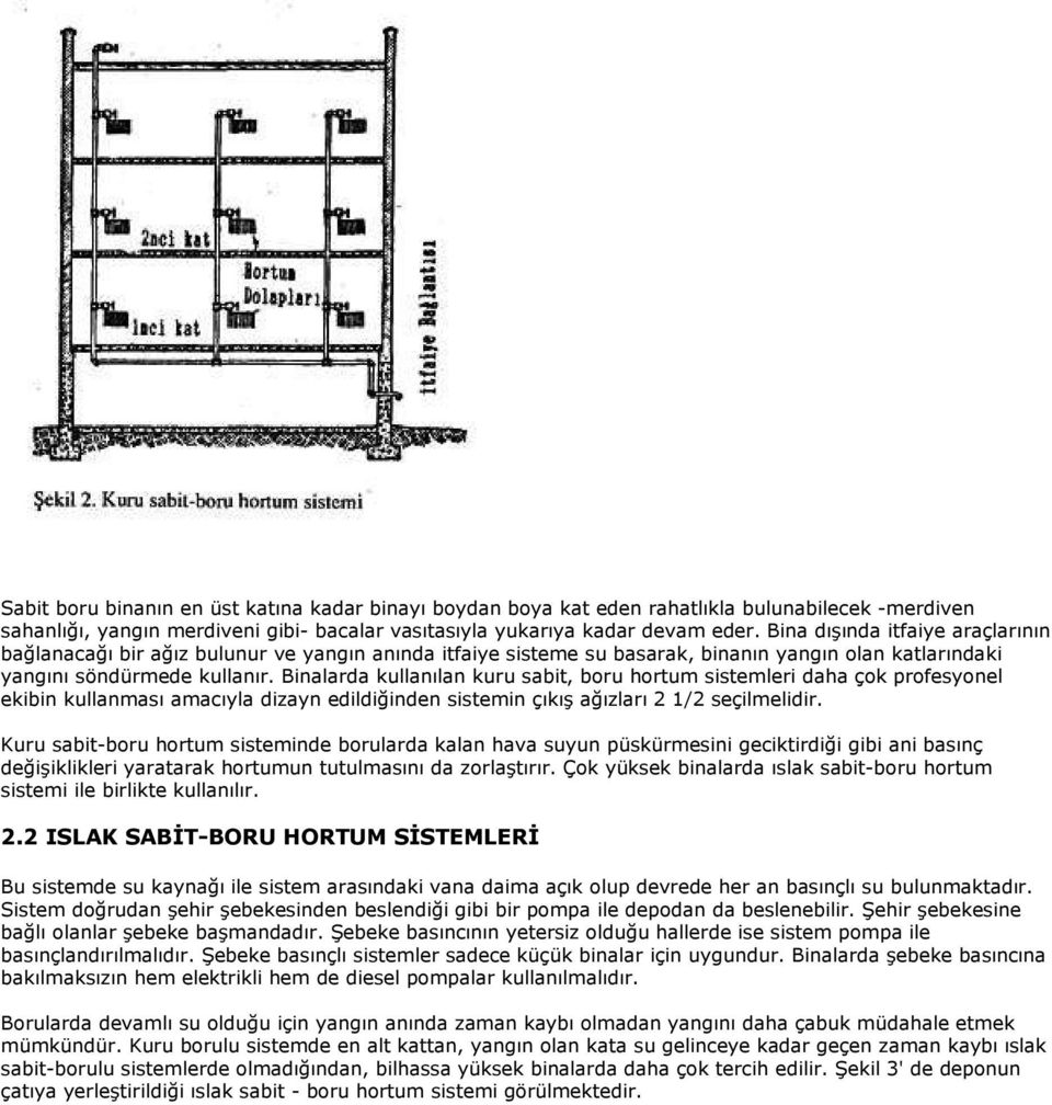 Binalarda kullanılan kuru sabit, boru hortum sistemleri daha çok profesyonel ekibin kullanması amacıyla dizayn edildiğinden sistemin çıkış ağızları 2 1/2 seçilmelidir.