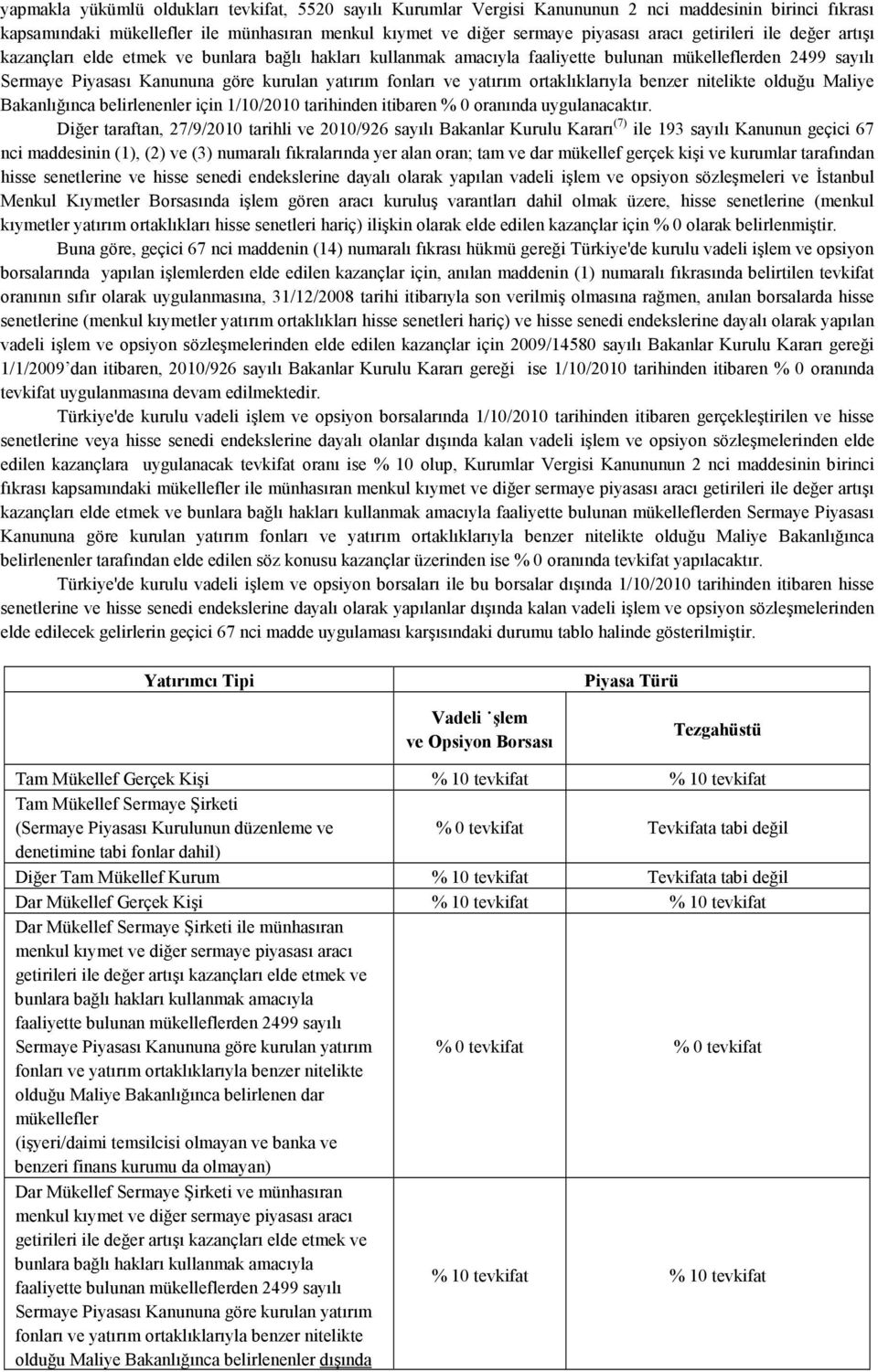 yatırım ortaklıklarıyla benzer nitelikte olduğu Maliye Bakanlığınca belirlenenler için 1/10/2010 tarihinden itibaren % 0 oranında uygulanacaktır.