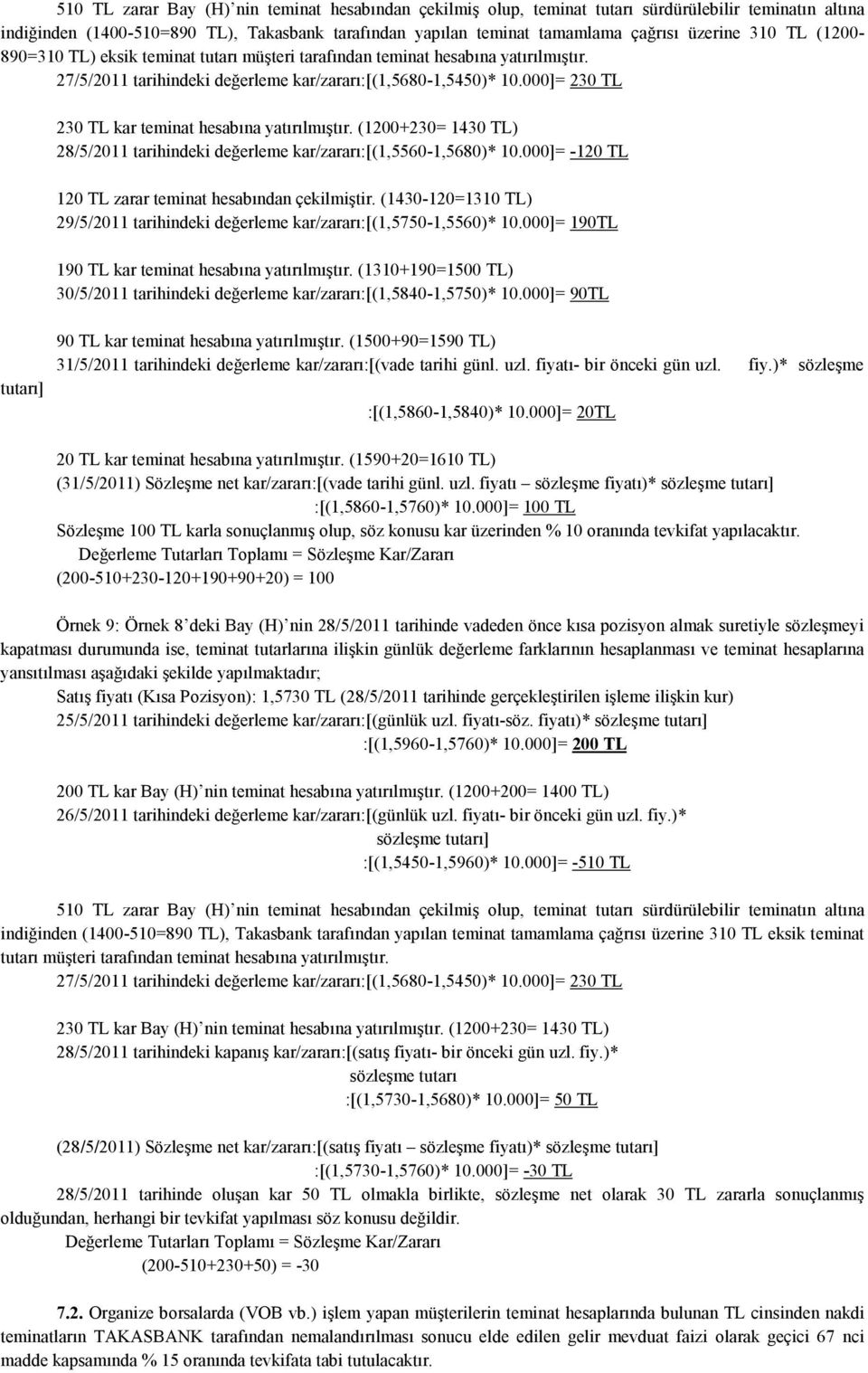 000]= 230 TL 230 TL kar teminat hesabına yatırılmıştır. (1200+230= 1430 TL) 28/5/2011 tarihindeki değerleme kar/zararı:[(1,5560-1,5680)* 10.000]= -120 TL 120 TL zarar teminat hesabından çekilmiştir.