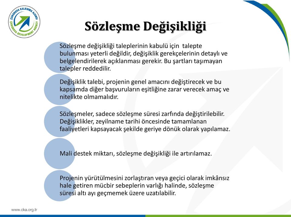 Sözleşmeler, sadece sözleşme süresi zarfında değiştirilebilir. Değişiklikler, zeyilname tarihi öncesinde tamamlanan faaliyetleri kapsayacak şekilde geriye dönük olarak yapılamaz.