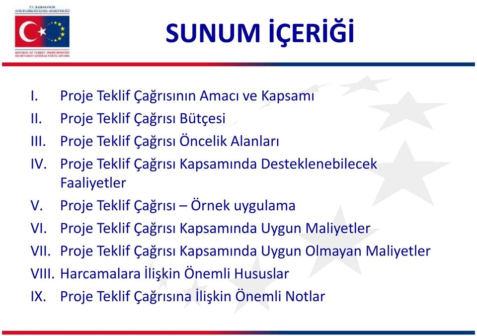 Proje Teklif Çağrısı Örnek uygulama VI. Proje Teklif Çağrısı Kapsamında Uygun Maliyetler VII.