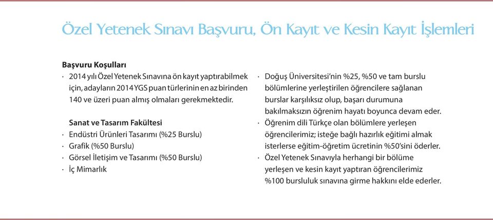 Sanat ve Tasarım Fakültesi Endüstri Ürünleri Tasarımı (%25 Burslu) Grafik (%50 Burslu) Görsel İletişim ve Tasarımı (%50 Burslu) İç Mimarlık Doğuş Üniversitesi nin %25, %50 ve tam burslu bölümlerine