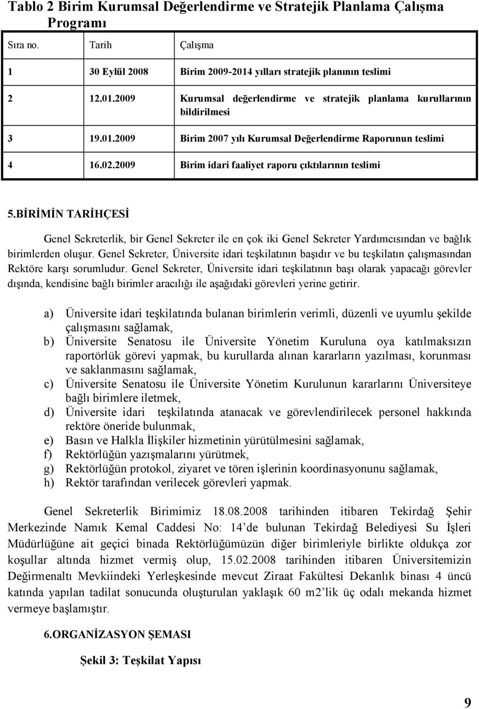 2009 Birim idari faaliyet raporu çıktılarının teslimi 5.BĐRĐMĐN TARĐHÇESĐ Genel Sekreterlik, bir Genel Sekreter ile en çok iki Genel Sekreter Yardımcısından ve bağlık birimlerden oluşur.