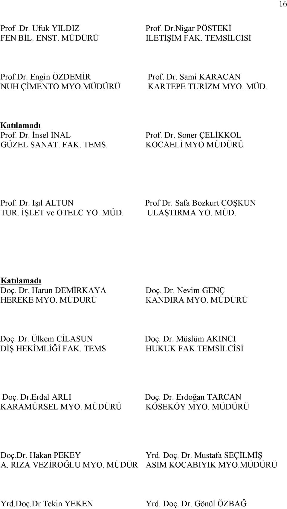 MÜDÜRÜ Doç. Dr. Nevim GENÇ KANDIRA MYO. MÜDÜRÜ Doç. Dr. Ülkem CİLASUN DİŞ HEKİMLİĞİ FAK. TEMS Doç. Dr. Müslüm AKINCI HUKUK FAK.TEMSİLCİSİ Doç. Dr.Erdal ARLI KARAMÜRSEL MYO. MÜDÜRÜ Doç. Dr. Erdoğan TARCAN KÖSEKÖY MYO.