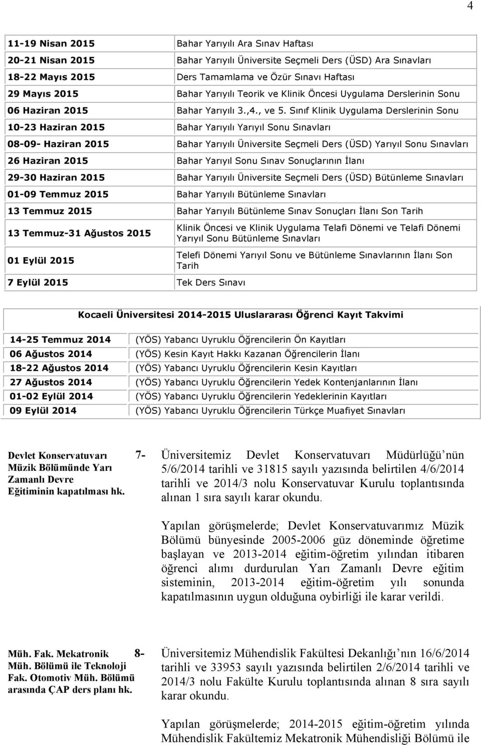 Sınıf Klinik Uygulama Derslerinin Sonu 10-23 Haziran 2015 Bahar Yarıyılı Yarıyıl Sonu Sınavları 08-09- Haziran 2015 Bahar Yarıyılı Üniversite Seçmeli Ders (ÜSD) Yarıyıl Sonu Sınavları 26 Haziran 2015