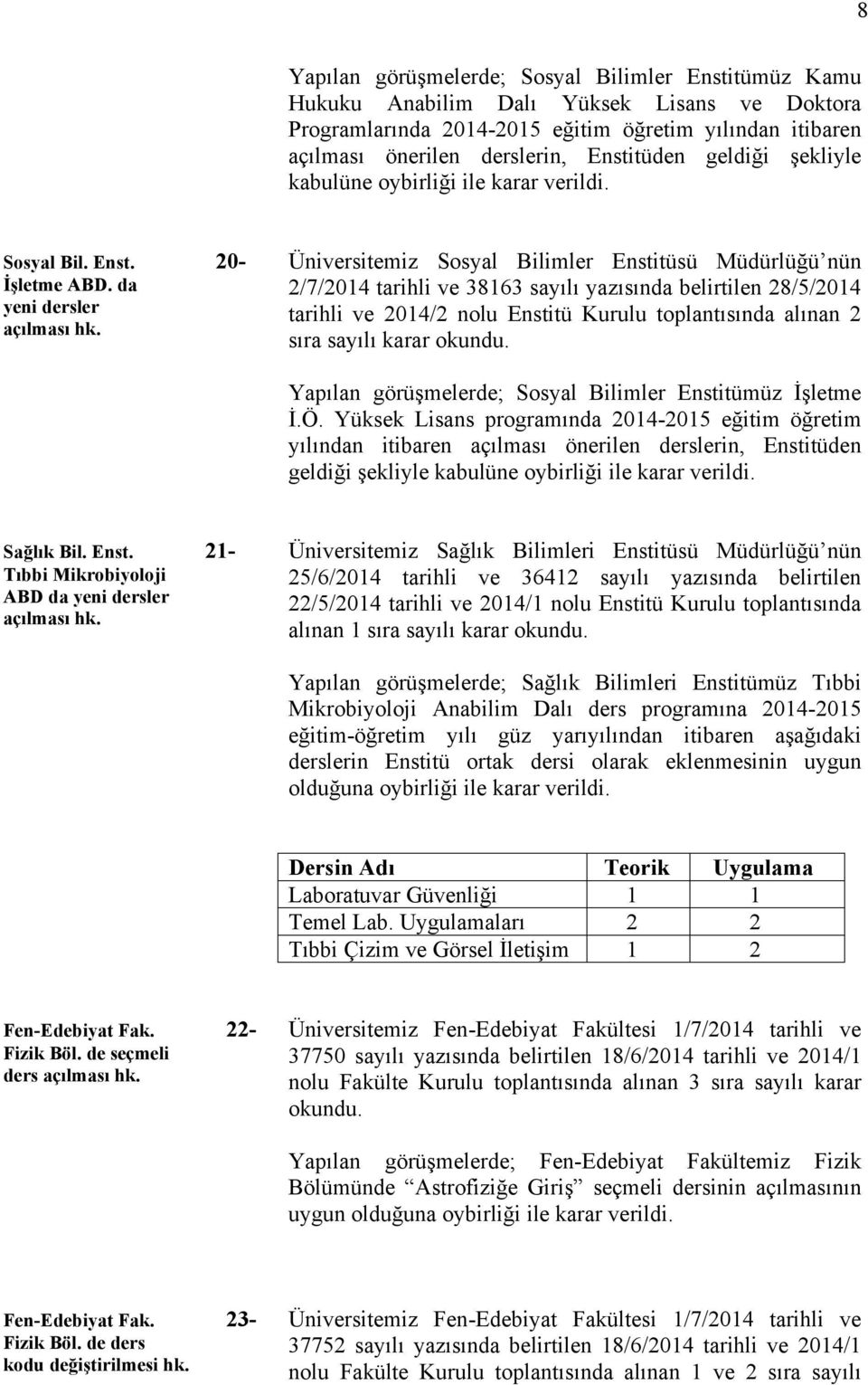 da yeni dersler Üniversitemiz Sosyal Bilimler Enstitüsü Müdürlüğü nün 2/7/2014 tarihli ve 38163 sayılı yazısında belirtilen 28/5/2014 tarihli ve 2014/2 nolu Enstitü Kurulu toplantısında alınan 2 sıra