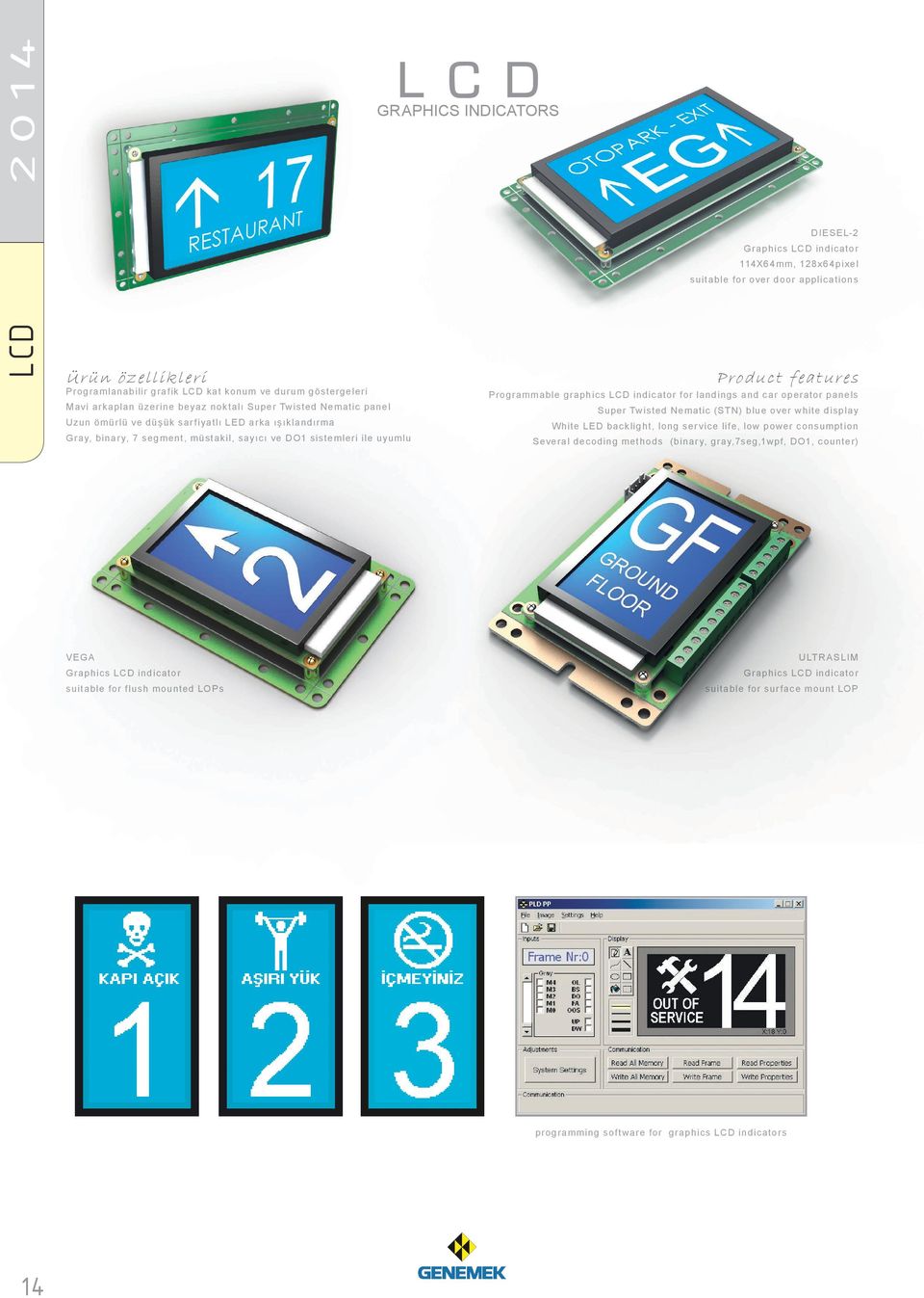 ile uyumlu Pro grammable graphic s LC D indic ator for landings and c ar operator panels Super Twisted N ematic (ST N) blue over white display W hite LED bac k light, long ser vic e life, low power c