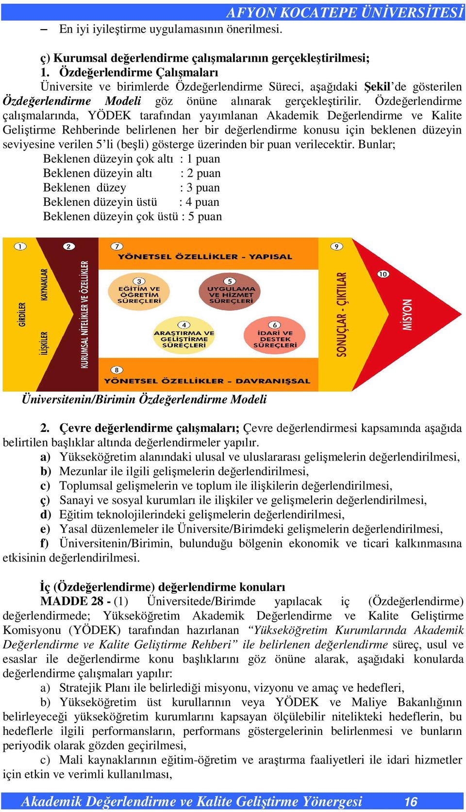 Özdeğerlendirme çalışmalarında, YÖDEK tarafından yayımlanan Akademik Değerlendirme ve Kalite Geliştirme Rehberinde belirlenen her bir değerlendirme konusu için beklenen düzeyin seviyesine verilen 5